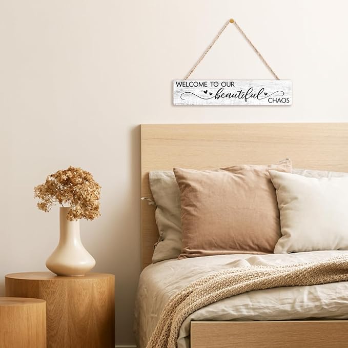 AGMDESIGN Welcome to Our Beautiful Chaos Wooden Sign, Rustic Wall Home Decor for Shelf Door, Farmhouse Yard Bedroom Playroom Porch Entryway Wooden Hanging Plaque, New Parents Housewarming Gifts - Image 5