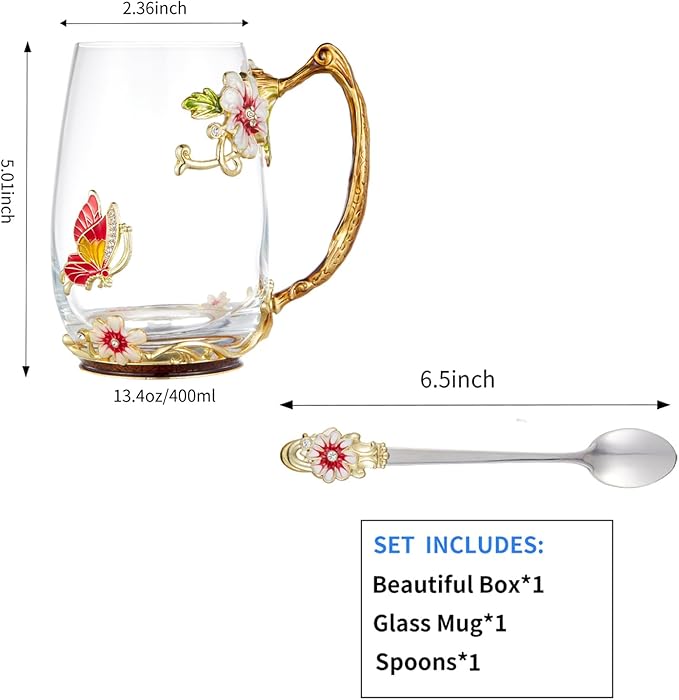 Flower Tea Cup,Clear Glass Fancy Coffee Mug with Spoon,Gift Box for Her Mom Wife Grandma Girls Friends Valentines Christmas Birthday Present Idea for Juice Milk Hot And Cold Drinks Use