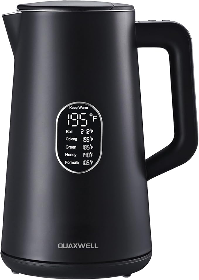 1.5L Electric Kettle Stainless Steel, Double Wall Cool Touch,Fast Boil,5 Temperature Control, LED Display, Auto Shut-Off, BPA-Free,Keep Warm Function, Ideal for Tea & Coffee (Black)