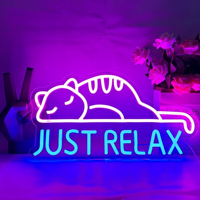 Cat Led Neon Sign Just Relax Words Neon Sign Pink Blue Led Signs for Wall Decor Animal Wall Art Neon Light Sign USB Powered for Pet Lover Party Bedroom Birthday Game Room Man Cave Gifts