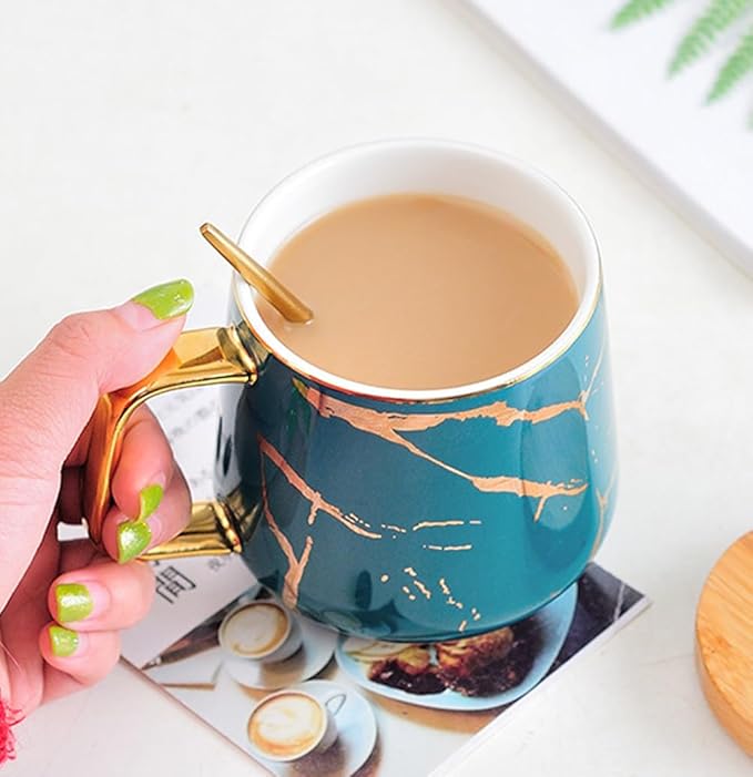 YBK Tech Porcelain Tea Cup Coffee Mug Set for Afternoon Tea - Marble Pattern (Green, Tall 400ml + wood lid)