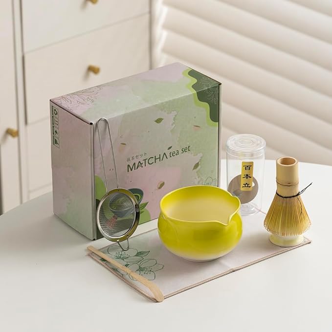 Japanese Matcha Tea Set,Elegant Yellow Ceramic Matcha Bowl with Soft Glaze, Bamboo Whisk & Scoop, Complete Tea Ceremony Kit with Gift Box