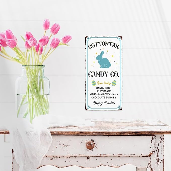 Cottontail Candy Co. Vintage Metal Tin Sign Bunny Rabbit Easter Eggs Print Poster Art Wall Decor Cute Novelty Sign for Home Farmhouse Kitchen Coffee Bar Yard Garden 6x12 Inch - Image 5