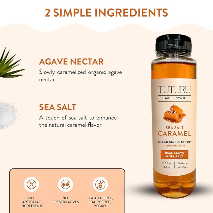 Caramel Agave Simple Syrup for Coffee & Cocktails - Sweetened with Organic Agave Nectar - Infused with Real Sea Salt - 13.5 oz