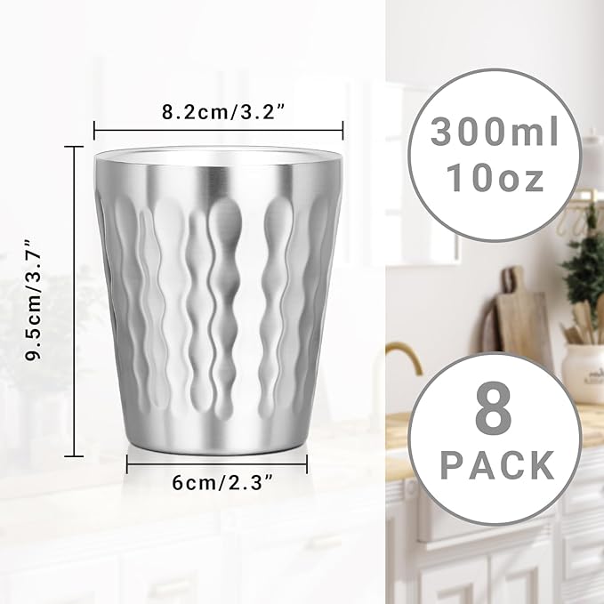 Stainless Cups, 10 oz Insulated Tumbler, 8 Pack Double Wall Unbreakable Stackable Water Tumblers Insulated Metal Cup Premium Drinking Glasses for Travel Camping Home Outdoor