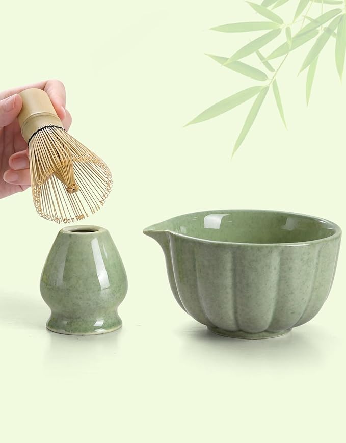 Matcha Whisk Set, 7 Pcs, Matcha Kit Includes Matcha Bowl, Matcha Whisk and Holder, Bamboo Scoop, Spoon, Sifter and Tea Towel, Matcha Set, Gift for Matcha Lovers & Beginners (Matcha Green)