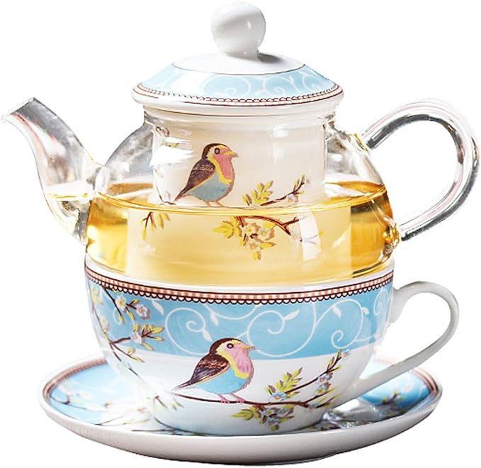 Jusalpha Glass Teapot with a Fine China Infuser Strainer, Cup and Saucer Set,Teapot and Teacup for One, Tea for one #05 (Blue)