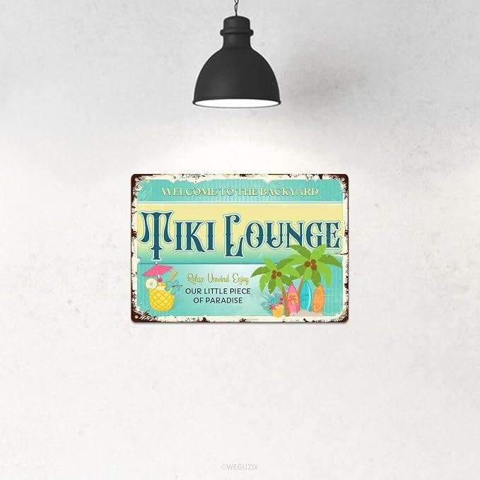Welcome To The Backyard Tiki Lounge Sign Decorations Durable Metal Sign Outdoor Decor for Beach Home Bar Pool Deck Backyard Fence Walls 12X8 Inch Aluminium Hanging Plaque - Image 4