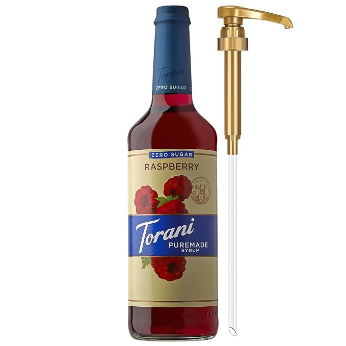 Torani Zero Sugar Puremade Syrup, Raspberry Flavoring for Drinks, Glass Bottle with Pump Included, 25.4 Fl Oz by Torani