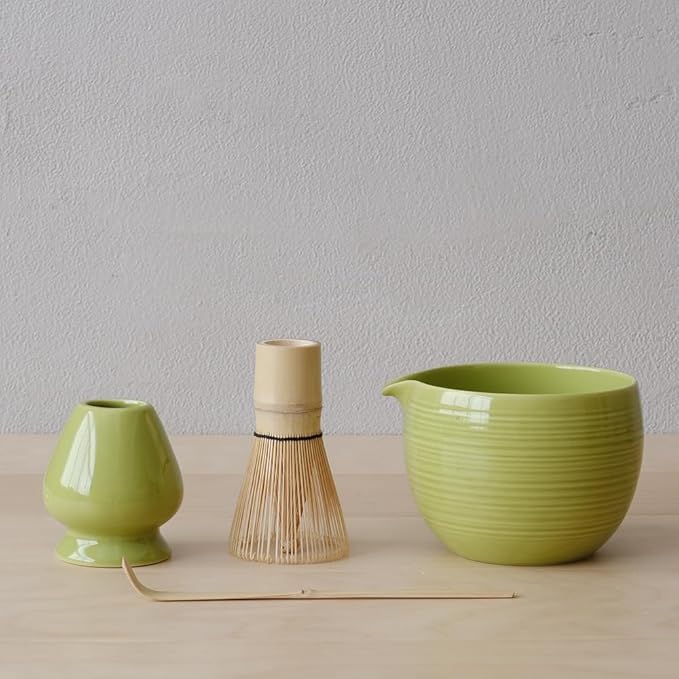 Matcha Whisk Set, Ceramic Matcha Bowl & Whisk Holder, Bamboo Accessory, Modern Design (Matte Crème, Pouring Spout) (Avocado Green)