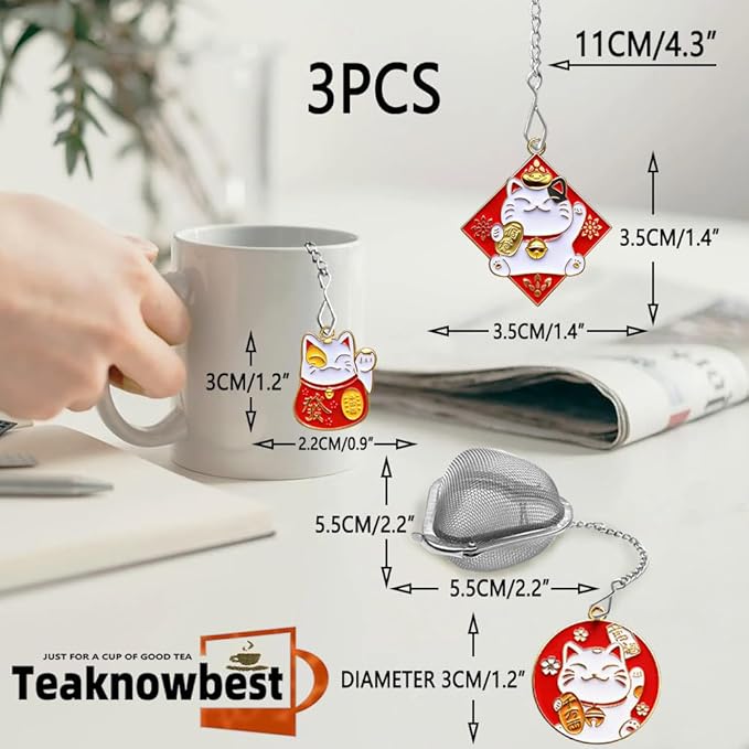 3 Pcs Lucky Cat Tea Infuser, Loose Leaf Tea Steeper, Cute Heart Shaped Metal Tea Ball, Reusable Tea Strainers Make Tea Drinking More Enjoyable (3, Lucky Cat)
