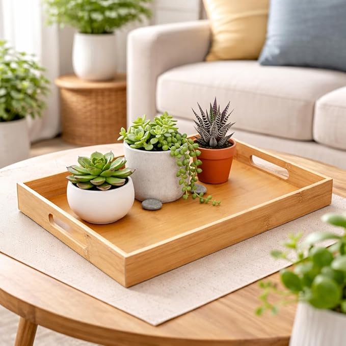 Briful Bamboo Decorative Tray with Handles - 16 x 12 Inch Rectangle Serving Tray for Coffee Table Decor Farmhouse Kitchen Counter Organizer & Bathroom Vanity Tray