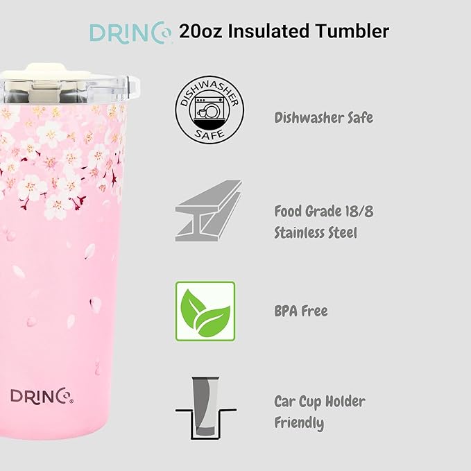 Drinco - 20 oz Stainless Steel Tumbler | Double Walled Vacuum Insulated Mug With Lid, 2 Straws, For Hot & Cold Drinks (20oz Sakura)