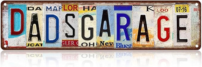 Vintage License Plate DADS GARAGE Sign – 16x4 Inch Rustic Tin Wall Décor for Workshop, Home Garage, Man Cave, Tool Shed or Father's Day Gift by SARAHEVE