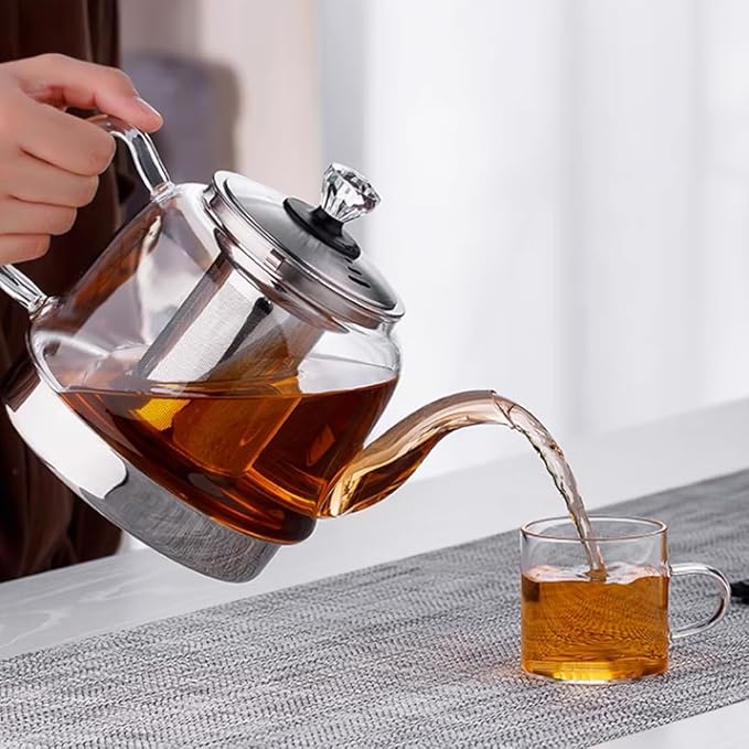 Induction Cooker Special Glass Teapot, Heat Resistant Borosilicate Glass Teapot With Stainless Steel Inner Filter for Loose Tea,tea Kettle Stovetop Clear Glass Flowe A-1.4L