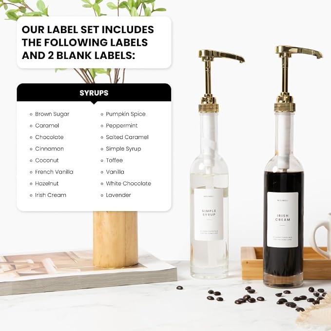 Molimoli Coffee Syrup Dispenser for Coffee Bar, 350mlCoffee Pump Dispenser, Glass Syrup Bottle w. Pumps, Simple Syrup Dispenser w. Labels,Set of 4, (Gold) - Image 4