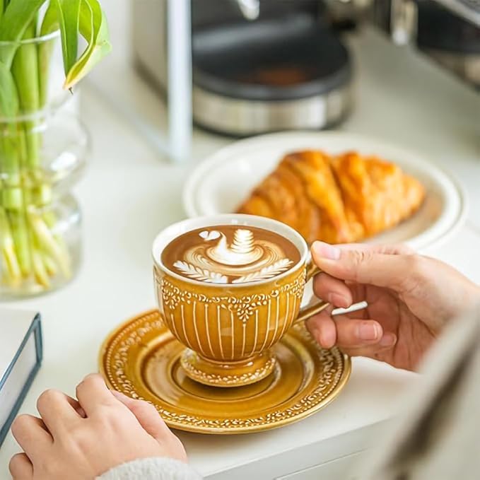 WAIT FLY Vintage Embossed Ceramic Coffee Mug with Saucer Set, Espresso Cup, Tea Cup, Breakfast Cup and Dessert Plate-Caramel-8 OZ