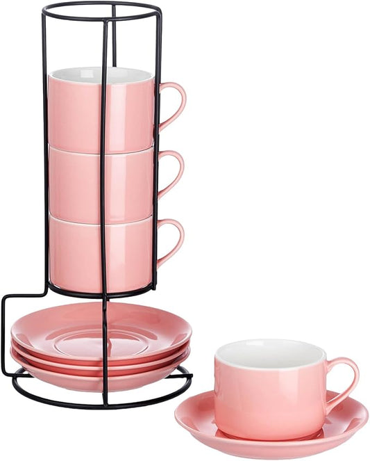 8oz Porcelain Stackable Cappuccino Cups with Saucers and Metal Stand Set of 4, Cappuccino Cups Set of 4, Pink Coffee Cups for Espresso, Specialty Coffee Drinks, Latte, Americano and Tea