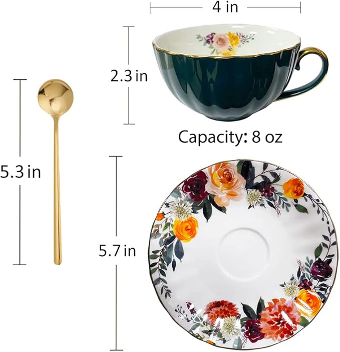 ONEUSTAR Tea Cups and Saucers Set of 2 Bone China Floral English Teacup with Spoon Coffee Cups Cappuccino Espresso Latte Mug for Christmas Gift, 8 Oz