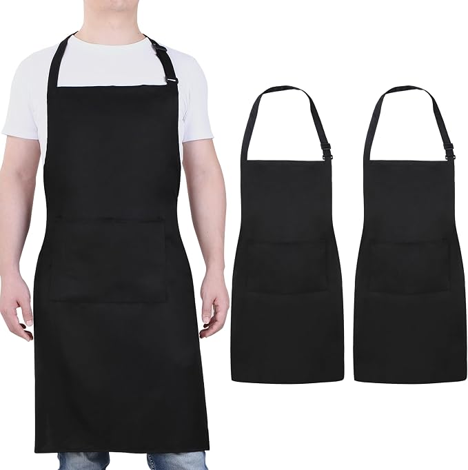Will Well Chef Apron for Men and Women - 33" x 27" Large with 38" Waist Ties for a Comfy and Snug Fit, Durable and Lightweight, with 2 Spacious Pockets for Your Cooking Essentials - 2-Pack, Black | Unisex 33'' x 27'' Oil & Water Resistant Soft Kitchen ... by WillWell