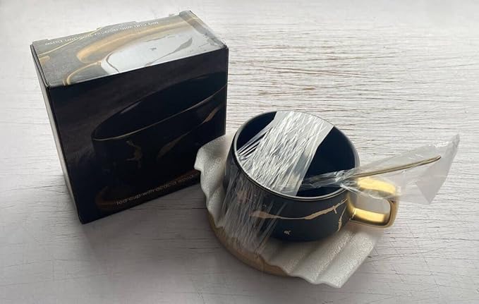 YBK Tech Porcelain Tea Cup Coffee Mug Set for Afternoon Tea - Marble Pattern (Black, Short 300ml + wood saucer)