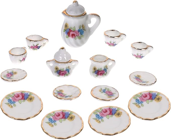Kisangel Miniature Porcelain Tea Set 1/12 Scale Dollhouse Ceramic Teapot Cups and Saucers Mini Tea Party Accessories for Dollhouse Kitchen Decor