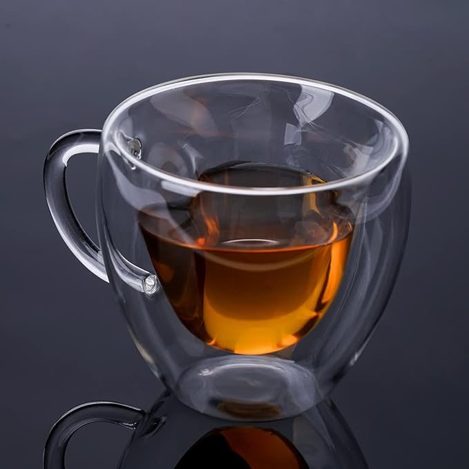 Heart Shaped Double Walled Insulated Glass Coffee Mugs or Aesthetic Tea Cups, Double Wall Glass 8 oz, Clear