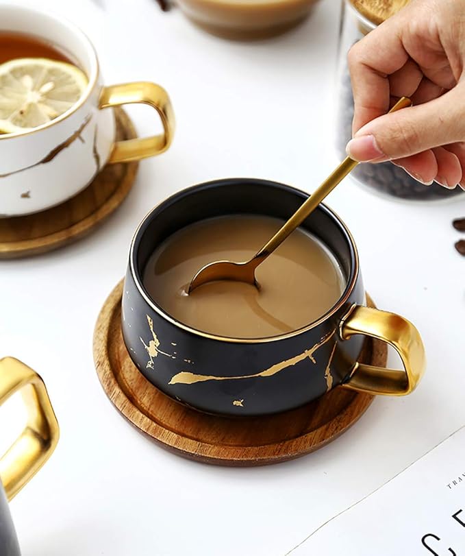 YBK Tech Porcelain Tea Cup Coffee Mug Set for Afternoon Tea - Marble Pattern (Black, Short 300ml + wood saucer)