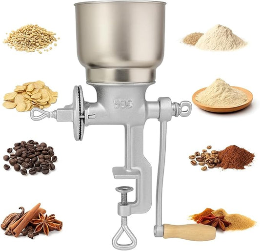 Manual Grain Grinder for Home Use, Heavy Duty Cast Iron Hand Crank Mill with Clamp Base, Adjustable Grinding Coarseness for Corn, Coffee, Wheat, Rice, Pepper, Nuts