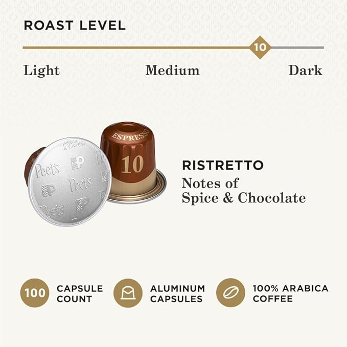 Peet's Coffee, Dark Roast Espresso Capsules, Compatible with Nespresso Original Machine - Ristretto Intensity 10, 100 Count (10 Boxes of 10 Espresso Capsules) (Pack of 2)