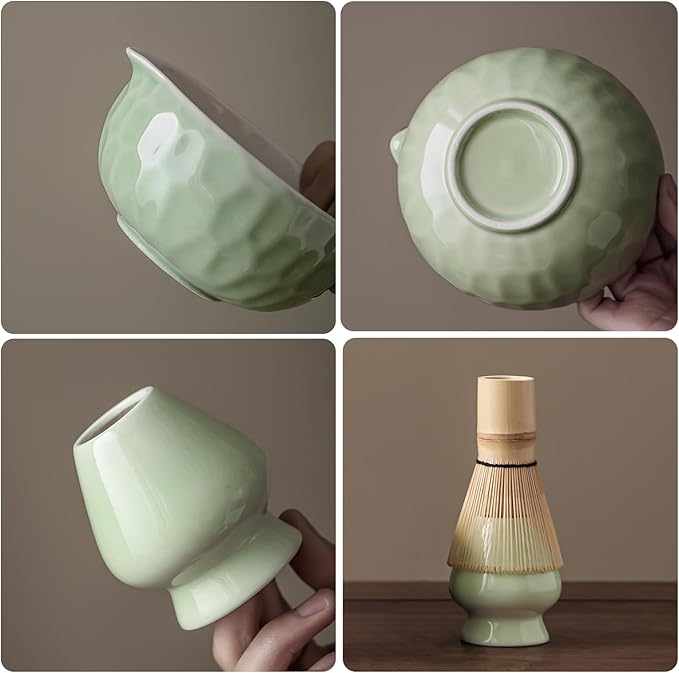 Clay&Fire Matcha Whisk Set, 9 pcs Ceramic Matcha Set, Gifts for Women,Matcha Bowl with Spout and Whisk, Matcha Kit for Matcha Lovers, Ideal Gift Christmas, Birthday, Anniversary(Pink) (Jade Green)