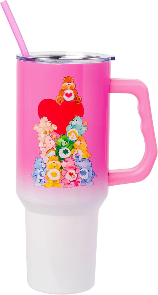 Silver Buffalo Care Bears Watercolor Heart Ombre Double Walled Stainless Steel Tumbler with Handle and Straw, Fits in Standard Cup Holder, 40 Ounces