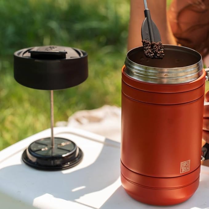 BruTrek® by Planetary Design BaseCamp Coffee Press - Double Wall Insulated Stainless Steel - Bru-Stop Technology, No Grounds in Coffee, No Spill Lid (Red Rock, 48 fl.oz)