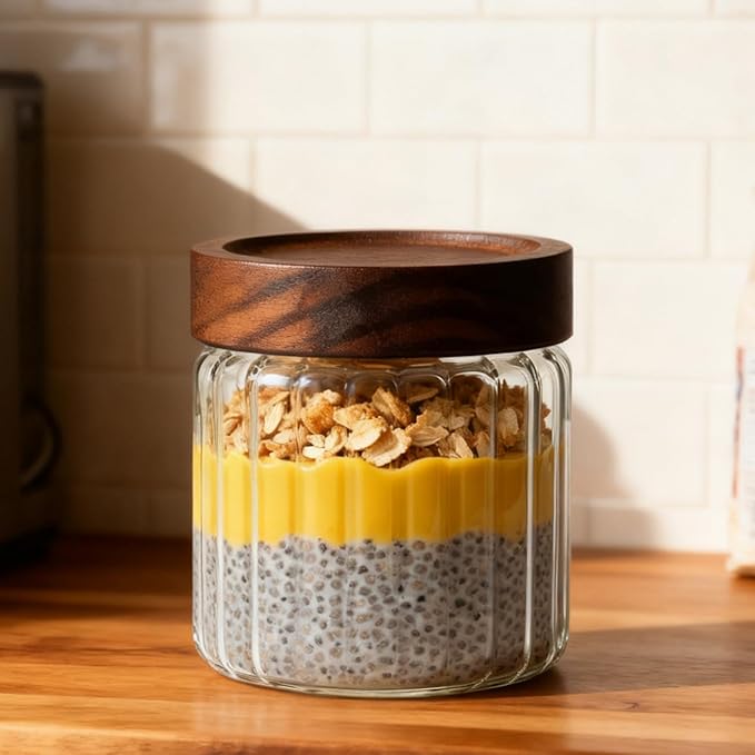 Decorative Borosilicate Glass Jar with Screw Top Airtight Wooden Lid, 17 oz/500ml Leak Resistant Food Storage Canister, Wide Mouth Container for Coffee Sugar Tea Cookie Candy Overnight Oatmeal Salad