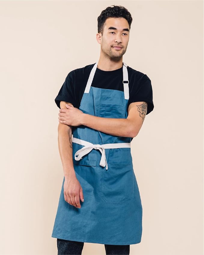 Caldo Daily Cotton Kitchen Apron for Cooking - Mens and Womens Professional Chef or Server Bib Apron - Adjustable Straps with Pockets and Towel Loop (Vintage Blue) - Image 2