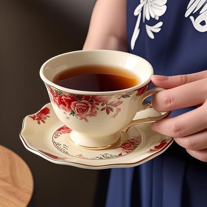 8 oz Vintage flower Ceramic cup and 6" saucer set with Brand customized stainless steel spoon Gifts for Afternoon Tea Coffee Hour (B)