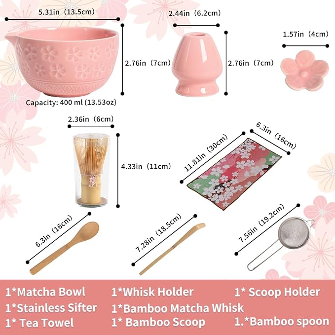 8-Piece Matcha Ceremony Set - Tea Kit with Cherry Blossom Bowl, Bamboo Whisk, Wood Scoops, Tea Cloth & Floral Display - Gift-Ready Pink Cherry color box (pink)