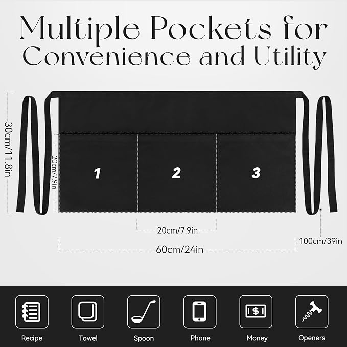 NLUS 1 Pack Server Apron with 3 Pockets, Water Oil Stain Resistant Waitress Waiter Apron Black Waist Aprons Bistro Apron for Women Men, 24 X 12 inch - Image 5