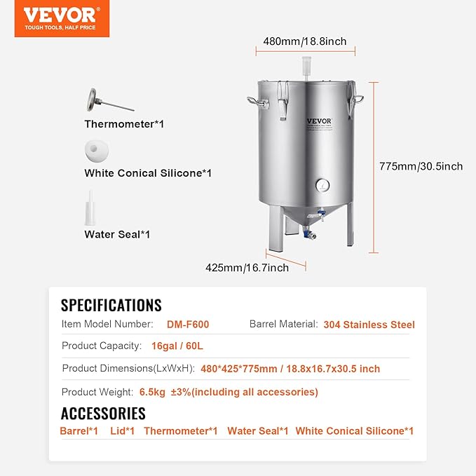 VEVOR Fermentation Tank 16 Gal,Stainless Steel Beer Brew Fermentor, Brew Bucket Fermentor for Home Brewing with Conical Base Brewing Equipment