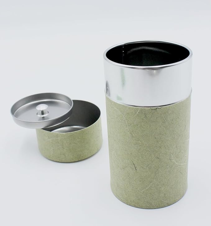 Japanese Pokkan Matcha Coffee Spice Tea Tin Canister Washi Paper Storage with Lid 7.05 oz Capacity (Unryugami Green)