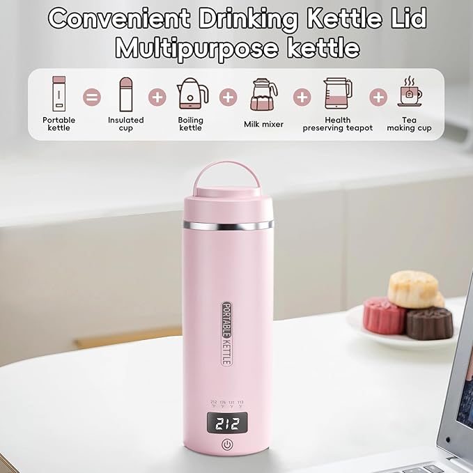 Travel Kettle, Portable Electric Kettle with 4 Temperature Controls, 304 Stainless Steel with Auto Shut-off & Leak Proof, Pink (120V)