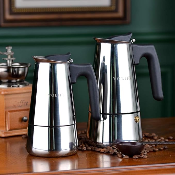 YOLIFE Stovetop Espresso Coffee Maker, Induction Stainless Steel Italian Moka Pot, Pressure Heat Cooking Coffee for Italian Espresso, Cappuccino and Latte, 300ml / 10oz / 6 Espresso Cup (1 Cup=50ml)