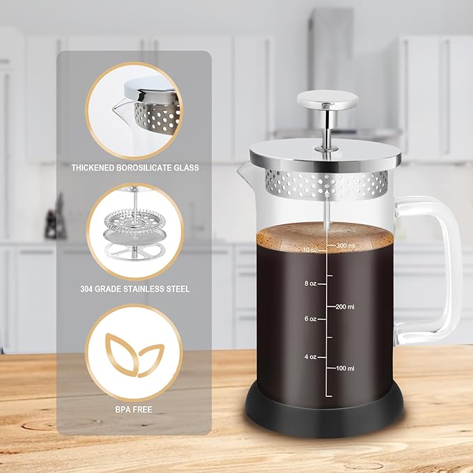 Mini French Press Coffee Maker-304 Stainless Steel Grilles, Borosilicate Glass Small Coffee Press,Non-slip Silicone Base-12 oz /350 ml with 2 Filter Screen-2 Cup Teapot