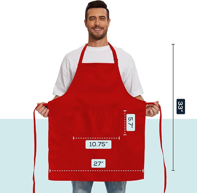 Will Well Kitchen 2 Pack Bib Apron For Men & Women with 2 Pockets - Red | Unisex 33'' x 27'' Oil & Water Resistant Soft Kitchen Chef Apron with Adjustable Neck Strap & 38'' Waist Ties for Snug Fit - Image 2