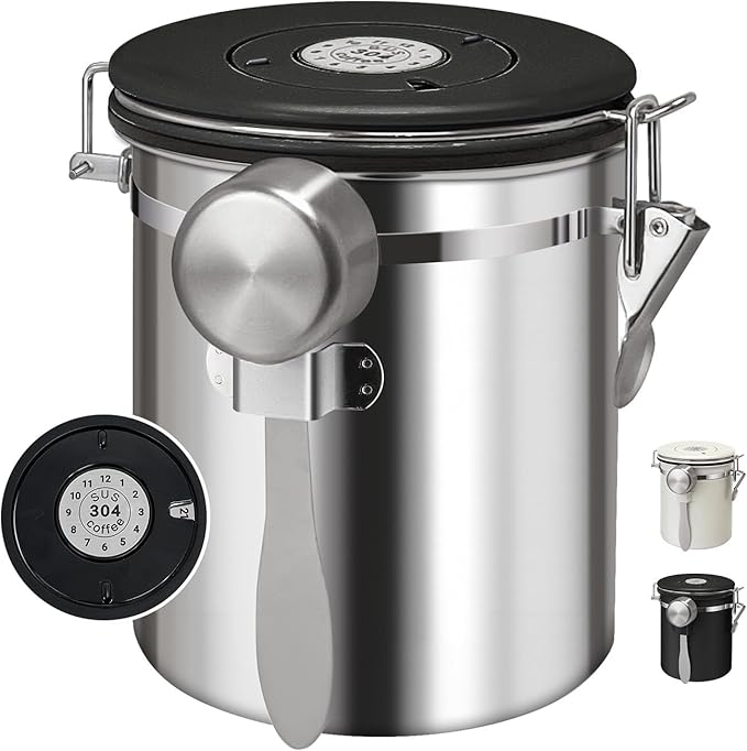 1.5L Airtight Vacuum Coffee Canister, Stainless Steel Storage Container for Coffee Beans and Grounds with Scoop.Suitable for coffee powder, coffee beans, rice, tea leaves, sugar, flour, and grains
