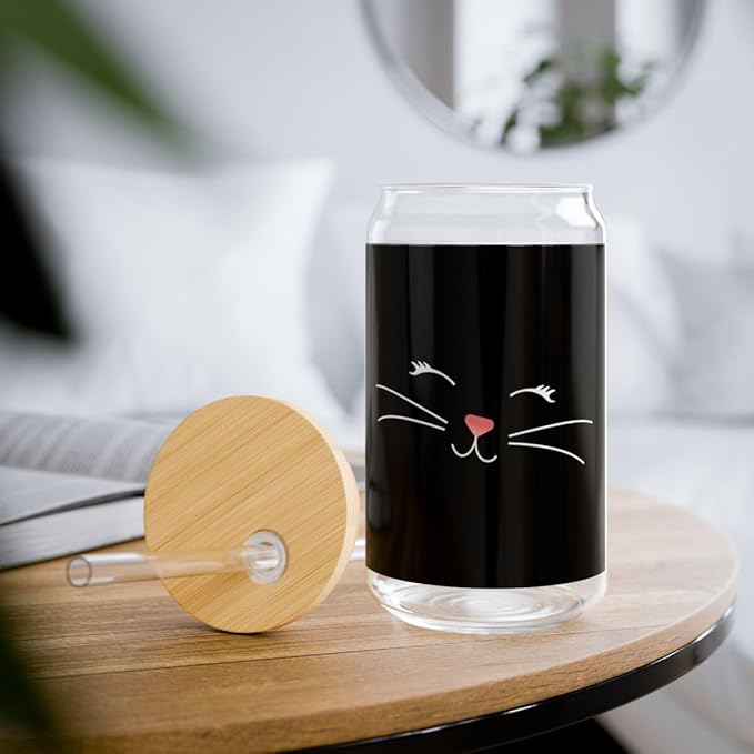 3dRose Too Cute Black Kitty Cat Face Nose and Whiskers 16oz Sipper Glass with Bamboo Lid and Straw