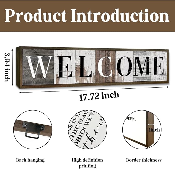 Welcome Wood Signs, Rustic Wall Plaque, Farmhouse Front Door Sign for Indoor Outdoor, Desk Decor Art, Home Decor for Housewarming, Porch Entryway Decoration, Framed Wooden Box Sign 17.8x4x1.2 inches - Image 2