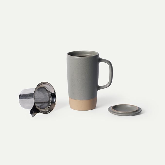 MORA Ceramics Large Tea Mug with Loose Leaf Infuser and Ceramic Lid, 18 oz, Portable, Microwave, Dishwasher Safe, Tall Coffee Cup - Rustic Matte Ceramic Glaze, Modern Herbal Tea Strainer, Peppercorn