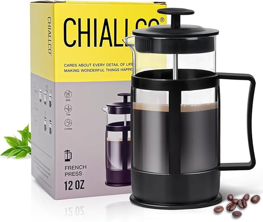 Mini French Press Coffee Maker, Heat Resistant Thickened Borosilicate Classic Glass Stainless Steel Coffee Press, 12OZ Heat Cold Brew Coffee Pot Tea Press for Kitchen Travel Camping，Black