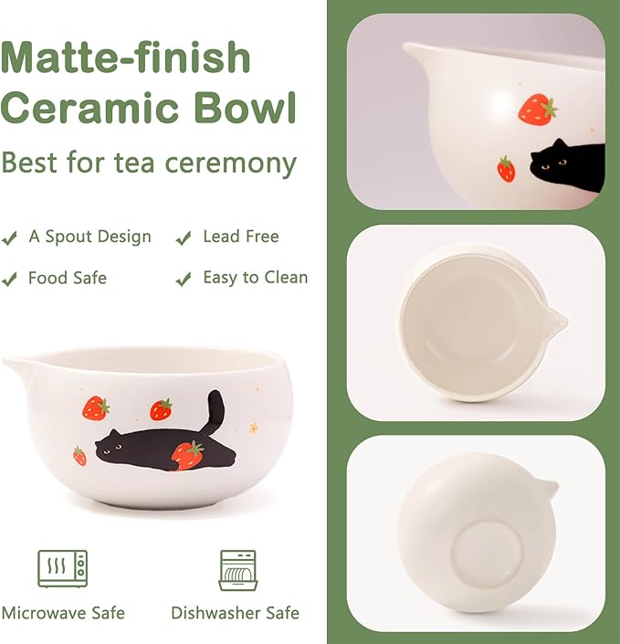 Cute Matcha Whisk Set with Cat and Strawberry Pattern Matt Matcha Bowl, 5PCS Traditional Bamboo Whisk Kit, Chasen and Chashaku, White